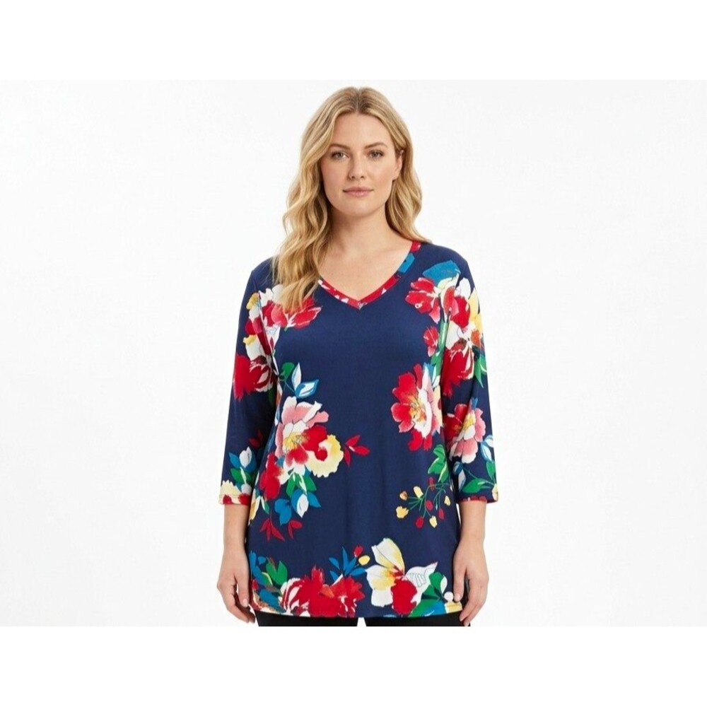 The Pioneer Woman Top XL Navy Floral V-Neck 3/4 Slv Stretch Knit cottagecore